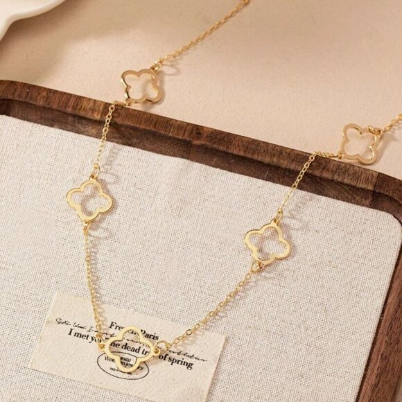 Four Leaf Clover Gold  Long  Necklace - Picture 3 of 6